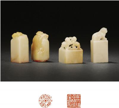 寿石工刻芙蓉石章四方