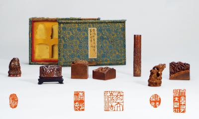 清·竹雕香筒及闲章一组七件