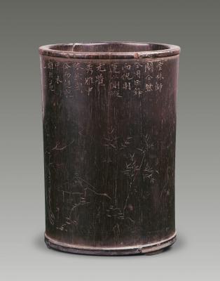 清·仿云林山水紫檀笔筒